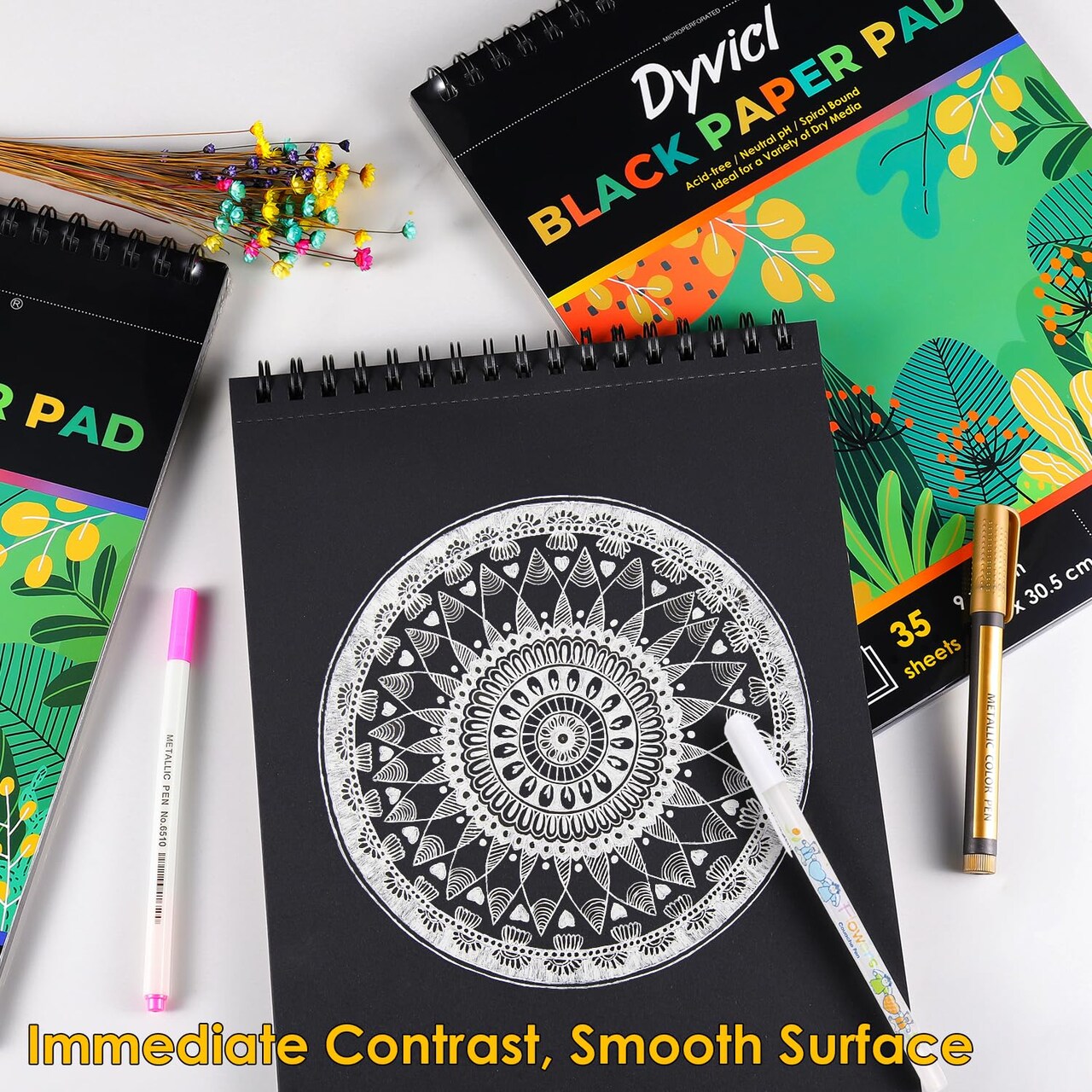 35 Sheets , Black Paper Pad 5.5"x8.5" Sketch Book, (90 lb/150gsm), Spiral Black Sketchbook Drawing Paper for Pencil, Pastel, White Ink Gel Pen, Charcoal, Chalk, Metallic Marker, Paint Pen
